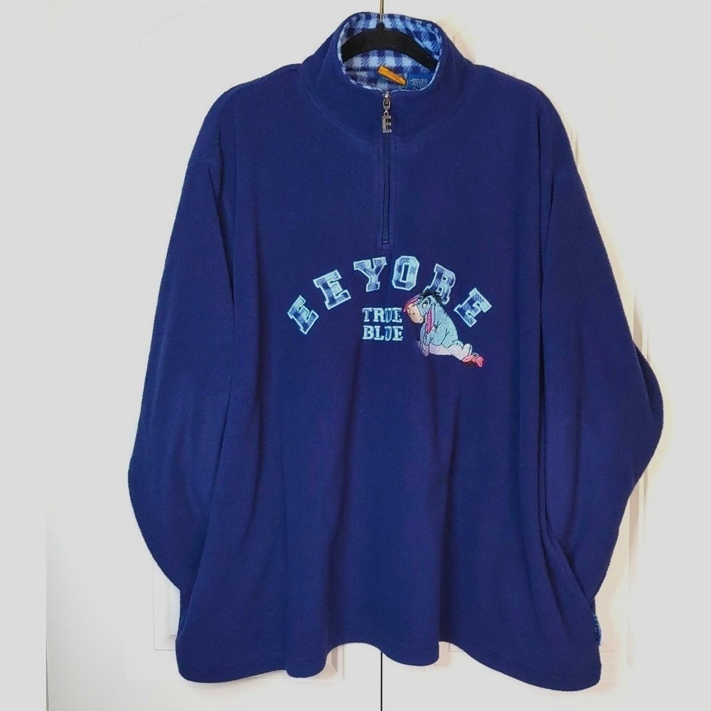 Vtg Winnie the Pooh Eeyore True Blue Fleece Mock Neck Pocket Pullover Plus 26/28